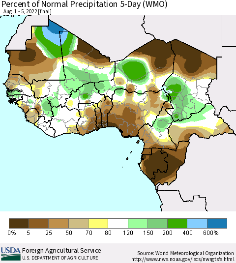 Western Africa Percent of Normal Precipitation 5-Day (WMO) Thematic Map For 8/1/2022 - 8/5/2022