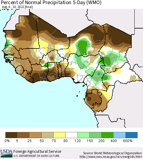 Western Africa Percent of Normal Precipitation 5-Day (WMO) Thematic Map For 8/6/2022 - 8/10/2022