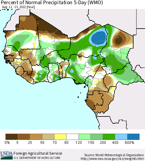 Western Africa Percent of Normal Precipitation 5-Day (WMO) Thematic Map For 8/11/2022 - 8/15/2022