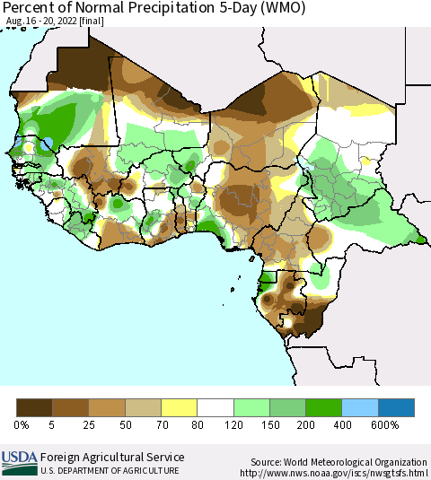 Western Africa Percent of Normal Precipitation 5-Day (WMO) Thematic Map For 8/16/2022 - 8/20/2022