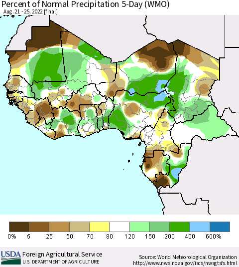 Western Africa Percent of Normal Precipitation 5-Day (WMO) Thematic Map For 8/21/2022 - 8/25/2022