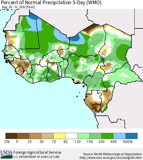 Western Africa Percent of Normal Precipitation 5-Day (WMO) Thematic Map For 8/26/2022 - 8/31/2022