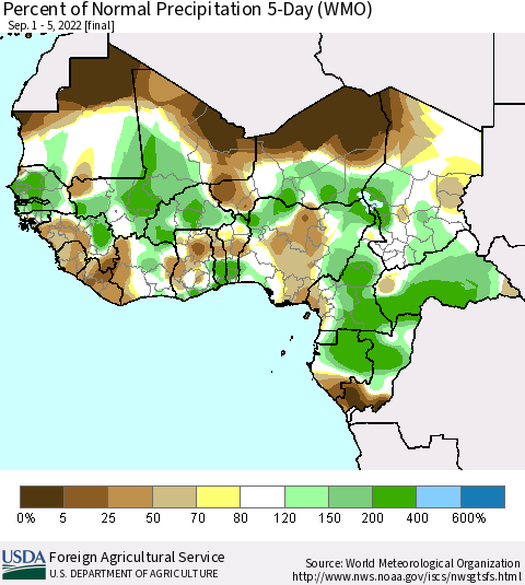 Western Africa Percent of Normal Precipitation 5-Day (WMO) Thematic Map For 9/1/2022 - 9/5/2022
