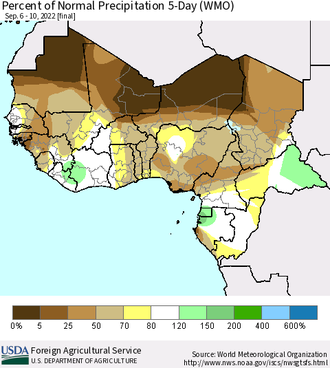 Western Africa Percent of Normal Precipitation 5-Day (WMO) Thematic Map For 9/6/2022 - 9/10/2022