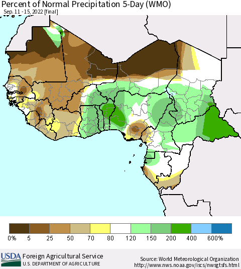 Western Africa Percent of Normal Precipitation 5-Day (WMO) Thematic Map For 9/11/2022 - 9/15/2022