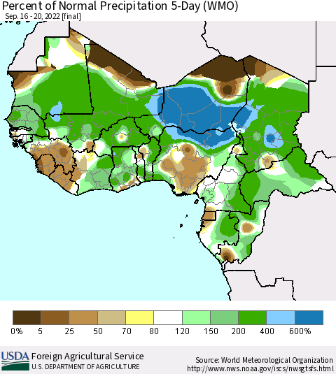 Western Africa Percent of Normal Precipitation 5-Day (WMO) Thematic Map For 9/16/2022 - 9/20/2022