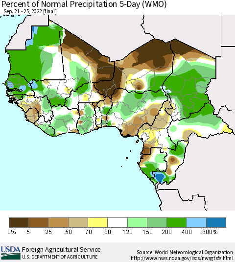 Western Africa Percent of Normal Precipitation 5-Day (WMO) Thematic Map For 9/21/2022 - 9/25/2022