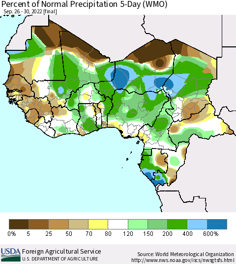 Western Africa Percent of Normal Precipitation 5-Day (WMO) Thematic Map For 9/26/2022 - 9/30/2022