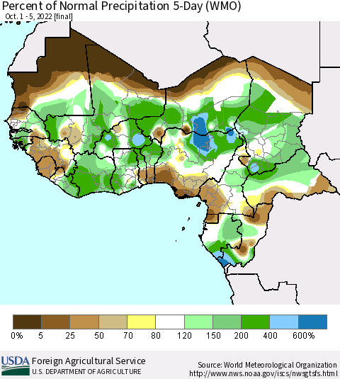 Western Africa Percent of Normal Precipitation 5-Day (WMO) Thematic Map For 10/1/2022 - 10/5/2022