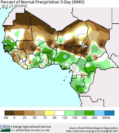 Western Africa Percent of Normal Precipitation 5-Day (WMO) Thematic Map For 10/6/2022 - 10/10/2022
