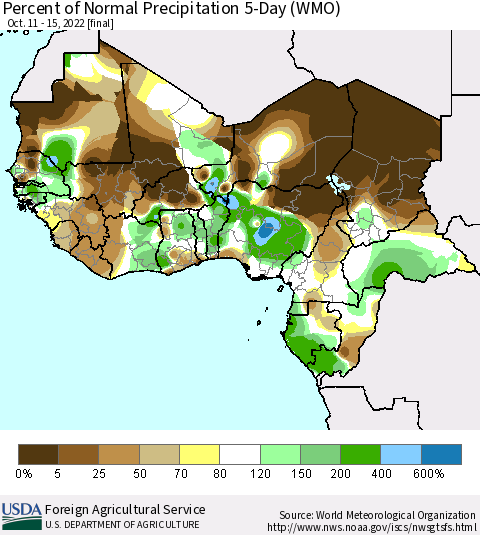 Western Africa Percent of Normal Precipitation 5-Day (WMO) Thematic Map For 10/11/2022 - 10/15/2022