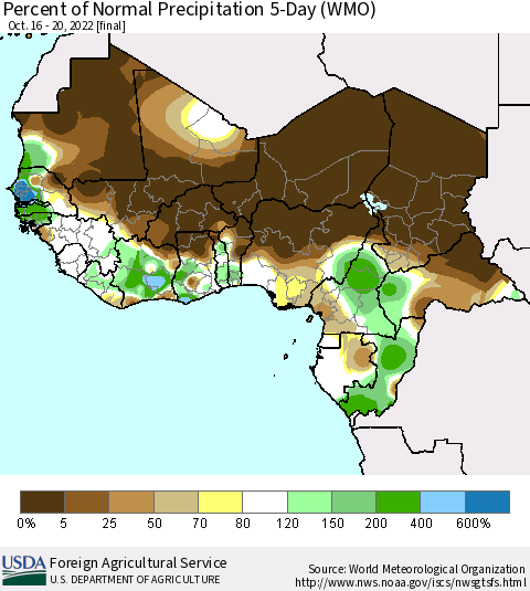 Western Africa Percent of Normal Precipitation 5-Day (WMO) Thematic Map For 10/16/2022 - 10/20/2022