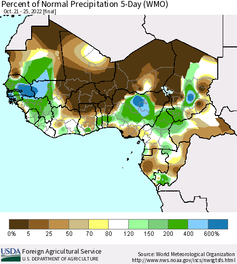 Western Africa Percent of Normal Precipitation 5-Day (WMO) Thematic Map For 10/21/2022 - 10/25/2022