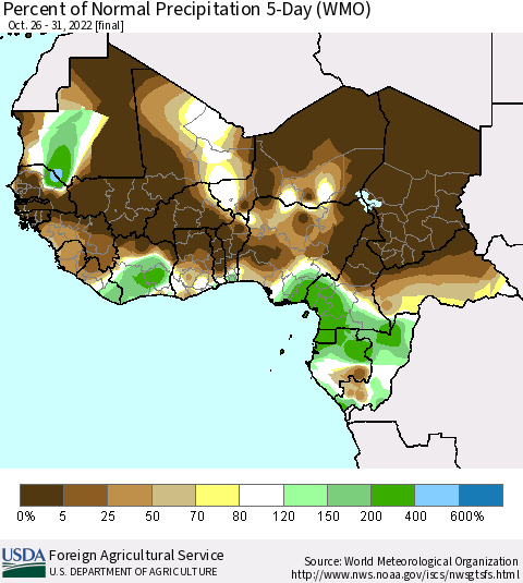 Western Africa Percent of Normal Precipitation 5-Day (WMO) Thematic Map For 10/26/2022 - 10/31/2022