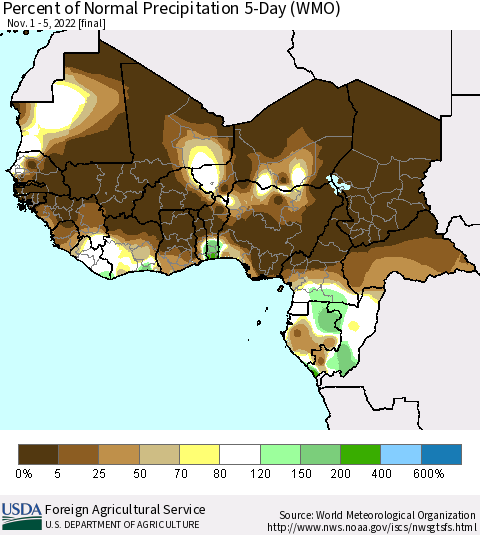 Western Africa Percent of Normal Precipitation 5-Day (WMO) Thematic Map For 11/1/2022 - 11/5/2022