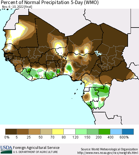 Western Africa Percent of Normal Precipitation 5-Day (WMO) Thematic Map For 11/6/2022 - 11/10/2022