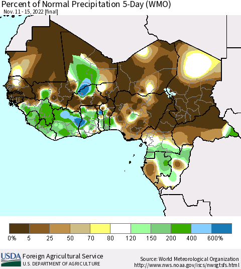 Western Africa Percent of Normal Precipitation 5-Day (WMO) Thematic Map For 11/11/2022 - 11/15/2022