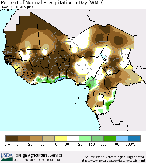 Western Africa Percent of Normal Precipitation 5-Day (WMO) Thematic Map For 11/16/2022 - 11/20/2022