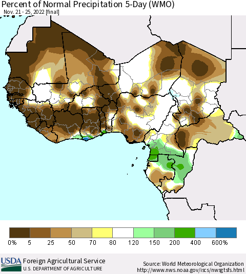 Western Africa Percent of Normal Precipitation 5-Day (WMO) Thematic Map For 11/21/2022 - 11/25/2022