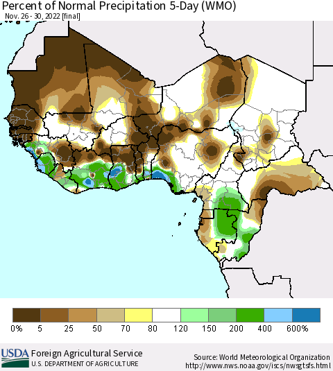 Western Africa Percent of Normal Precipitation 5-Day (WMO) Thematic Map For 11/26/2022 - 11/30/2022