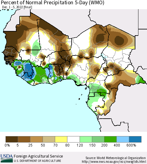 Western Africa Percent of Normal Precipitation 5-Day (WMO) Thematic Map For 12/1/2022 - 12/5/2022