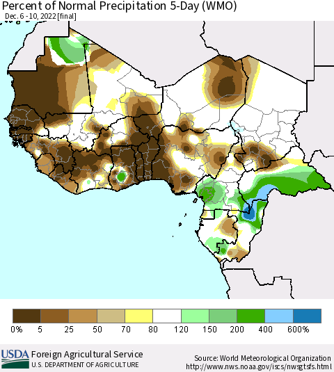 Western Africa Percent of Normal Precipitation 5-Day (WMO) Thematic Map For 12/6/2022 - 12/10/2022