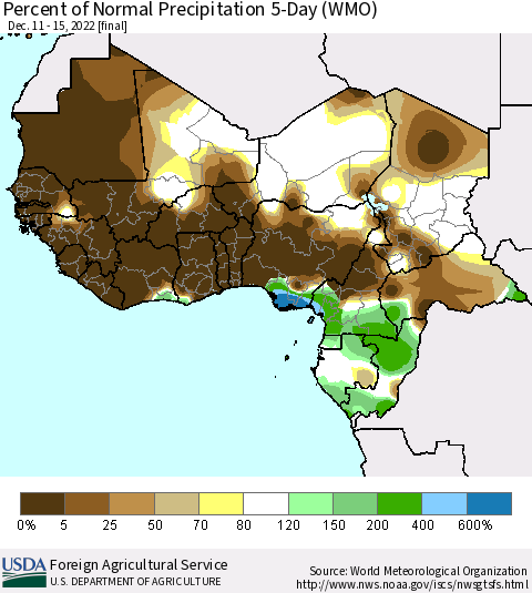 Western Africa Percent of Normal Precipitation 5-Day (WMO) Thematic Map For 12/11/2022 - 12/15/2022