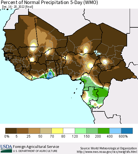Western Africa Percent of Normal Precipitation 5-Day (WMO) Thematic Map For 12/16/2022 - 12/20/2022