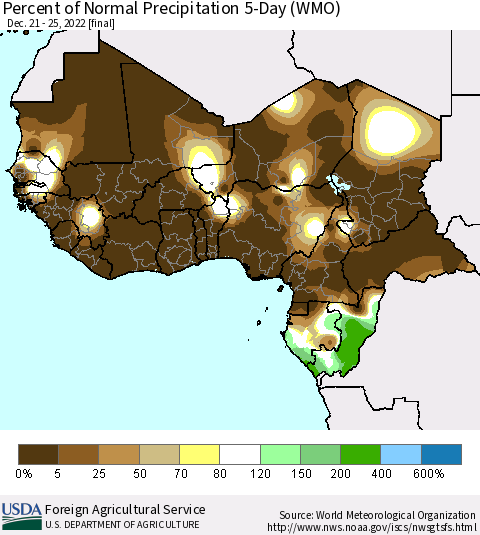 Western Africa Percent of Normal Precipitation 5-Day (WMO) Thematic Map For 12/21/2022 - 12/25/2022