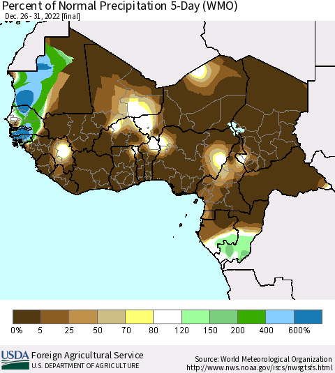 Western Africa Percent of Normal Precipitation 5-Day (WMO) Thematic Map For 12/26/2022 - 12/31/2022