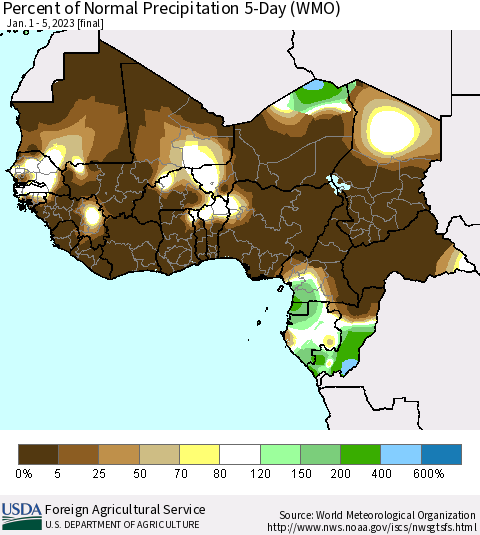Western Africa Percent of Normal Precipitation 5-Day (WMO) Thematic Map For 1/1/2023 - 1/5/2023
