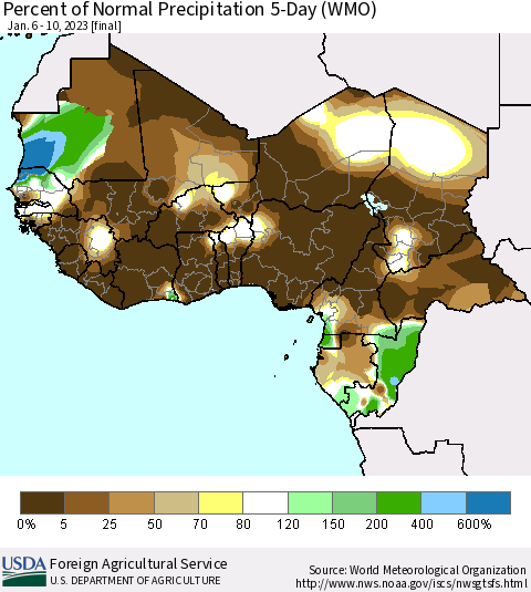 Western Africa Percent of Normal Precipitation 5-Day (WMO) Thematic Map For 1/6/2023 - 1/10/2023
