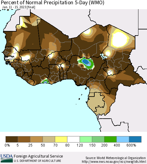 Western Africa Percent of Normal Precipitation 5-Day (WMO) Thematic Map For 1/11/2023 - 1/15/2023