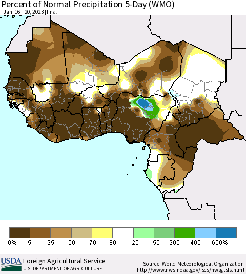 Western Africa Percent of Normal Precipitation 5-Day (WMO) Thematic Map For 1/16/2023 - 1/20/2023