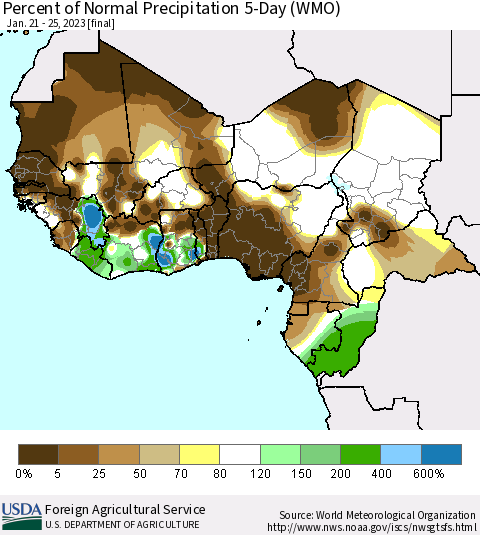 Western Africa Percent of Normal Precipitation 5-Day (WMO) Thematic Map For 1/21/2023 - 1/25/2023