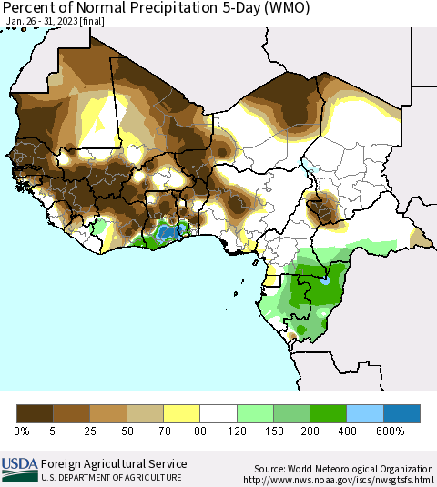 Western Africa Percent of Normal Precipitation 5-Day (WMO) Thematic Map For 1/26/2023 - 1/31/2023
