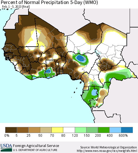 Western Africa Percent of Normal Precipitation 5-Day (WMO) Thematic Map For 2/1/2023 - 2/5/2023