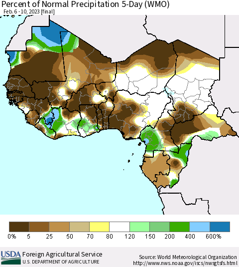 Western Africa Percent of Normal Precipitation 5-Day (WMO) Thematic Map For 2/6/2023 - 2/10/2023