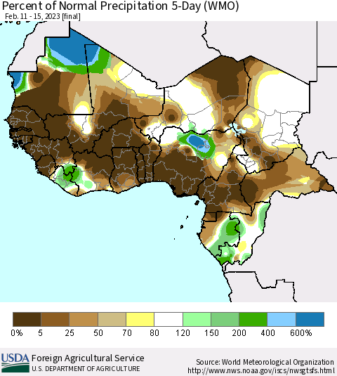Western Africa Percent of Normal Precipitation 5-Day (WMO) Thematic Map For 2/11/2023 - 2/15/2023