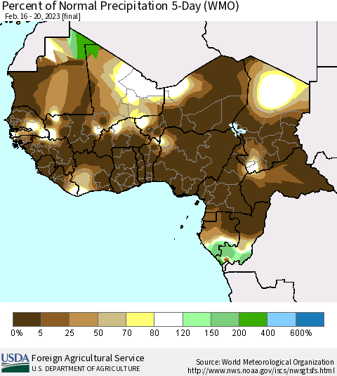 Western Africa Percent of Normal Precipitation 5-Day (WMO) Thematic Map For 2/16/2023 - 2/20/2023