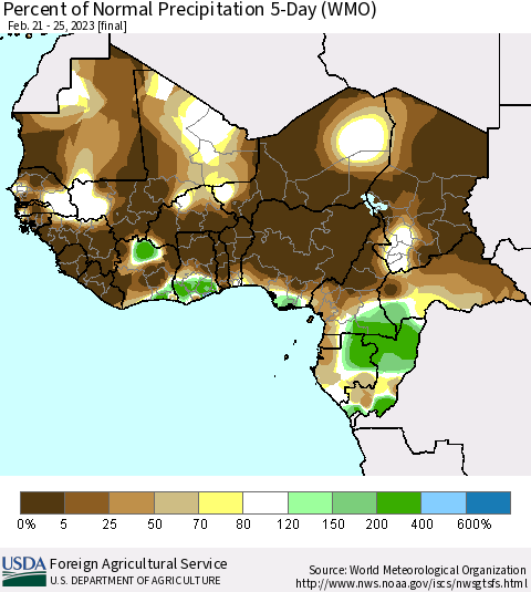 Western Africa Percent of Normal Precipitation 5-Day (WMO) Thematic Map For 2/21/2023 - 2/25/2023