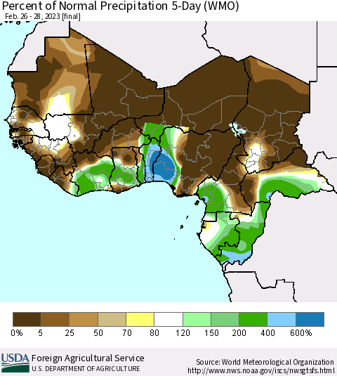 Western Africa Percent of Normal Precipitation 5-Day (WMO) Thematic Map For 2/26/2023 - 2/28/2023