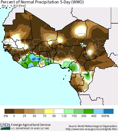Western Africa Percent of Normal Precipitation 5-Day (WMO) Thematic Map For 3/1/2023 - 3/5/2023