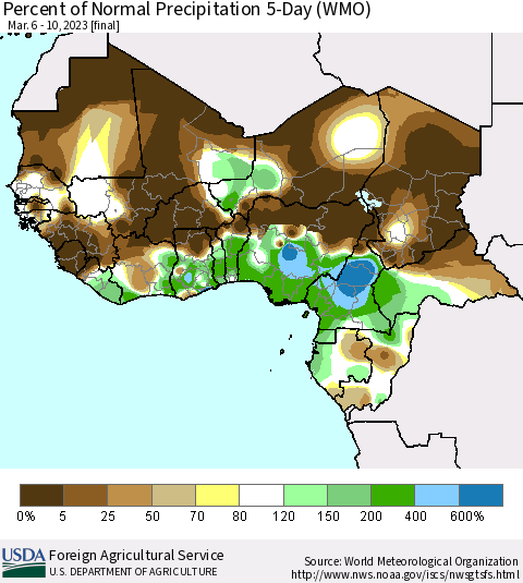 Western Africa Percent of Normal Precipitation 5-Day (WMO) Thematic Map For 3/6/2023 - 3/10/2023