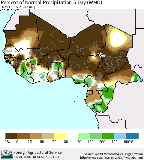 Western Africa Percent of Normal Precipitation 5-Day (WMO) Thematic Map For 3/11/2023 - 3/15/2023