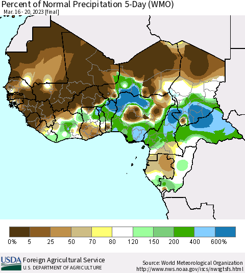 Western Africa Percent of Normal Precipitation 5-Day (WMO) Thematic Map For 3/16/2023 - 3/20/2023
