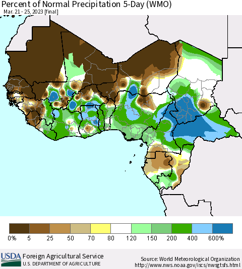 Western Africa Percent of Normal Precipitation 5-Day (WMO) Thematic Map For 3/21/2023 - 3/25/2023