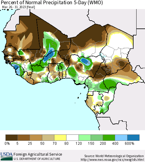 Western Africa Percent of Normal Precipitation 5-Day (WMO) Thematic Map For 3/26/2023 - 3/31/2023