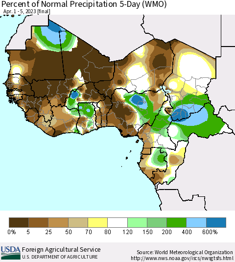 Western Africa Percent of Normal Precipitation 5-Day (WMO) Thematic Map For 4/1/2023 - 4/5/2023
