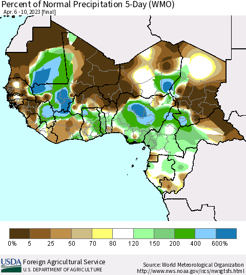 Western Africa Percent of Normal Precipitation 5-Day (WMO) Thematic Map For 4/6/2023 - 4/10/2023